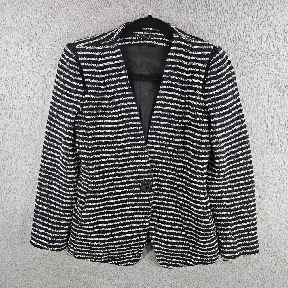 Theory Yaisa Z Purpose St Blazer Black White Striped Boucle Knit Jacket Size S
